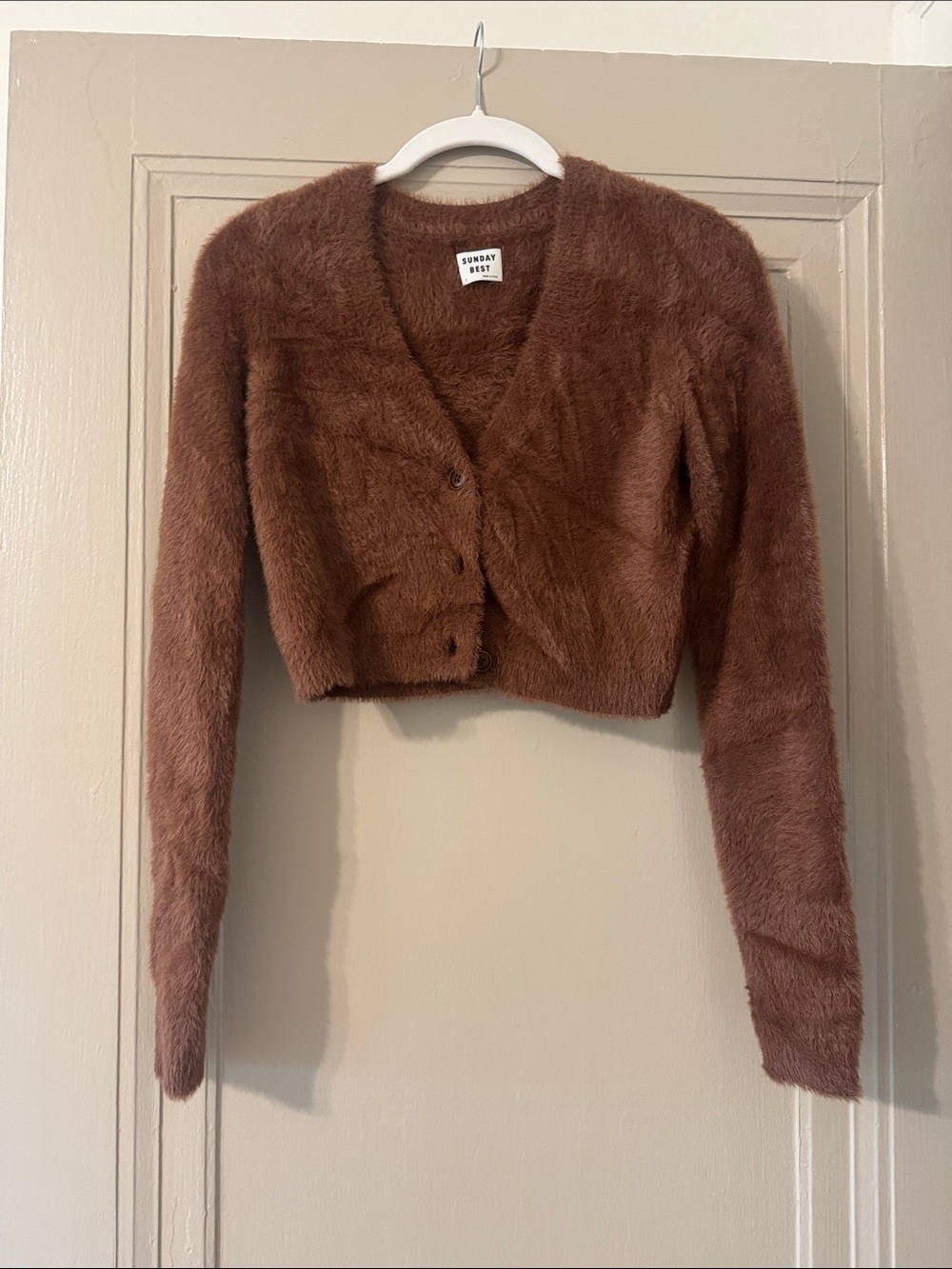 Sunday Best Cropped Fuzzy Cardigan Sweater - Chocolate Brown